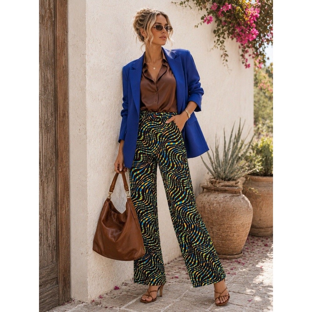 Gimaguas Abstract Print Flare Pants Brown Blue Yellow Cotton Blend Size L